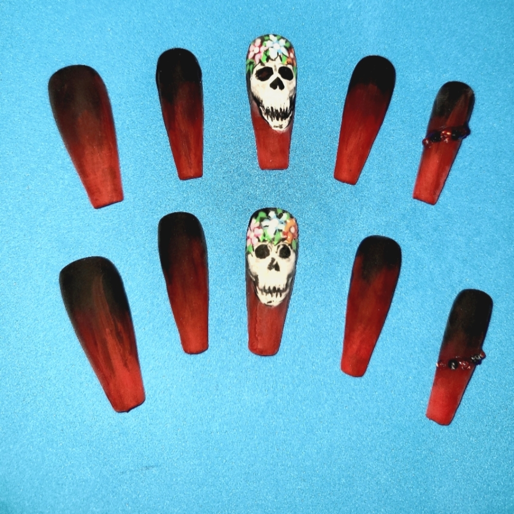 Sugar Skull Flame - hand painted - glue/press on nails